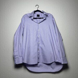 David Donahue Dress Shirt Button Up Men L Purple White Striped Plaid Office Prep